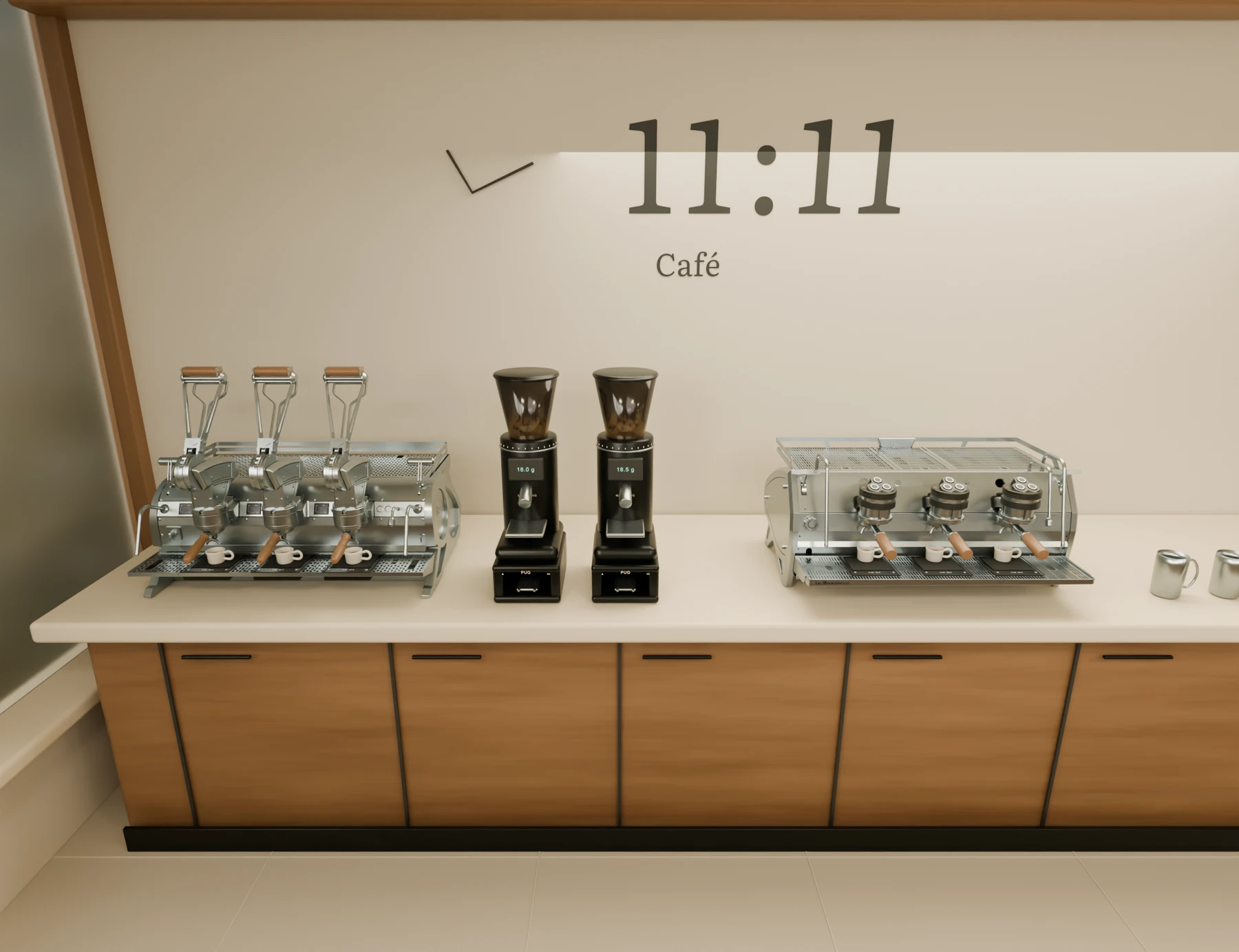 La Marzocco Leva X and Strada S with stainless finishes and wooden handles.