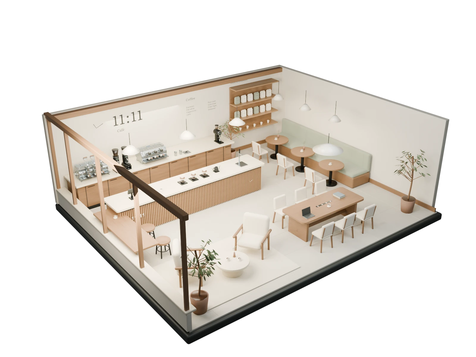 An overhead view of the café’s seating and coffee bar.