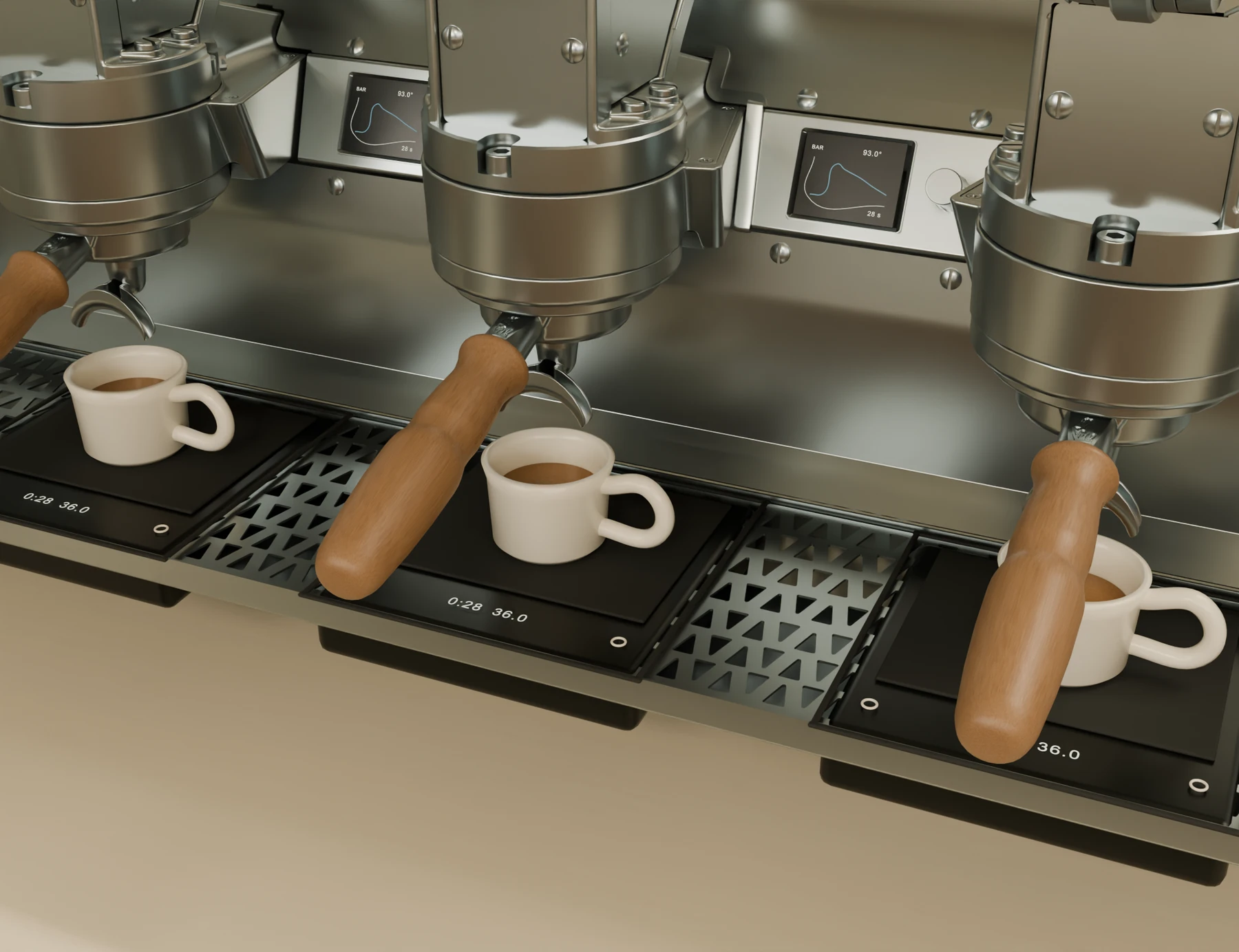 Acaia Pearl scales recessed into the espresso machine’s drip tray, with espresso cups on the weighing mats.