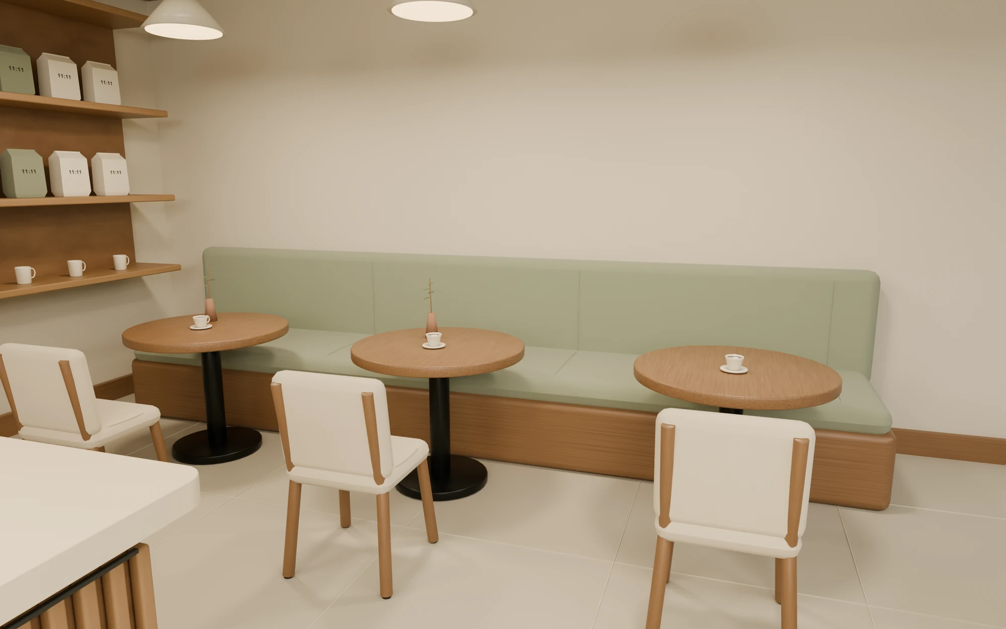 Chairs facing their oak café tables, an olive banquette, and warm afternoon light.
