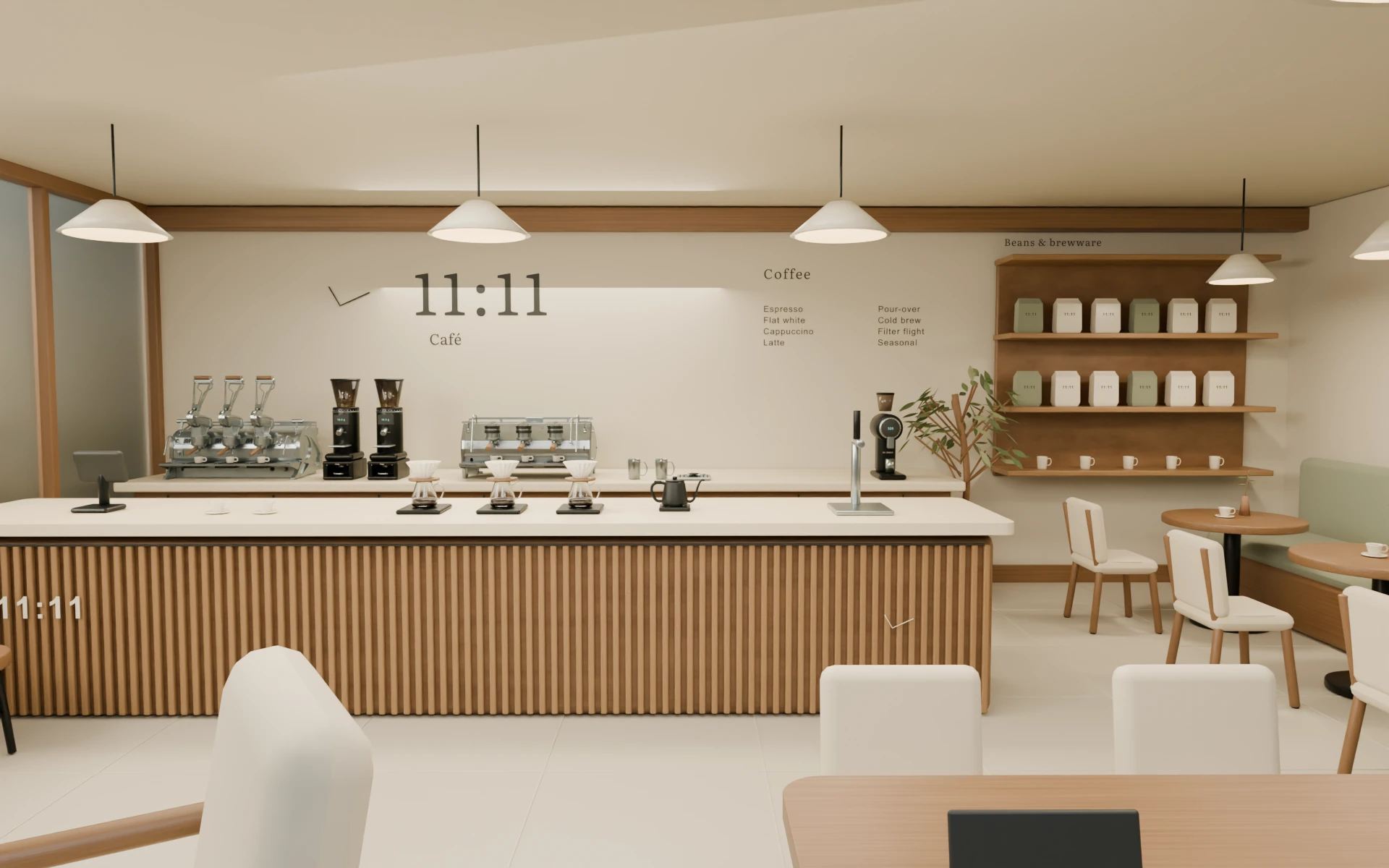 A warm café with an oak bar, stainless espresso machines, limestone floors, and comfortable seating.